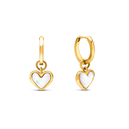 White Heart Huggie Earrings (Gold)
