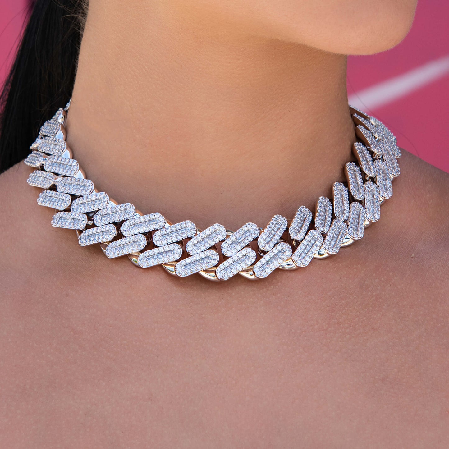 Diamond Baguette Tight Link Cuban Chain Necklace in White Gold - 19mm