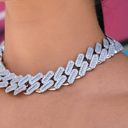 Diamond Baguette Tight Link Cuban Chain Necklace in White Gold - 19mm