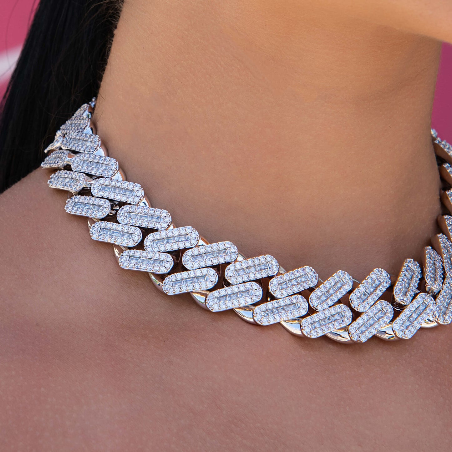 Diamond Baguette Tight Link Cuban Chain Necklace in White Gold - 19mm