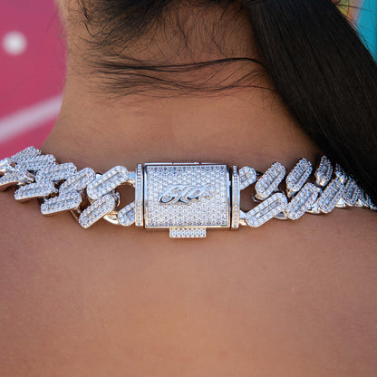 Diamond Baguette Tight Link Cuban Chain Necklace in White Gold - 19mm