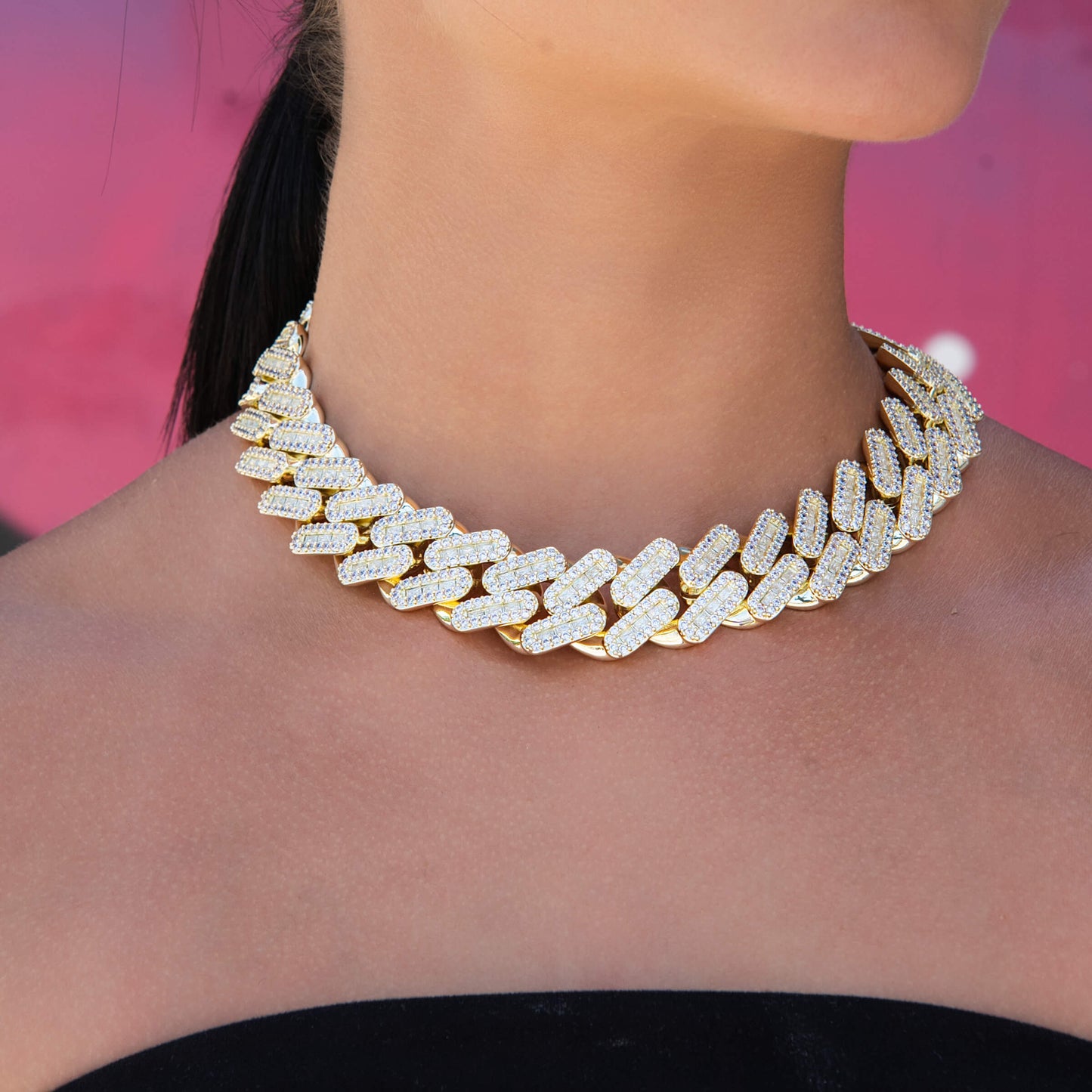 Diamond Baguette Tight Link Cuban Necklace in Yellow Gold - 19mm
