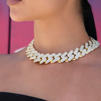 Diamond Baguette Tight Link Cuban Necklace in Yellow Gold - 19mm
