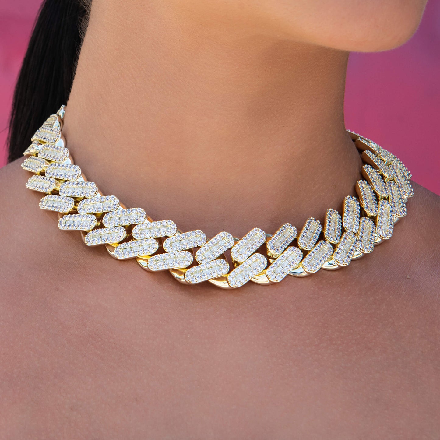 Diamond Baguette Tight Link Cuban Necklace in Yellow Gold - 19mm