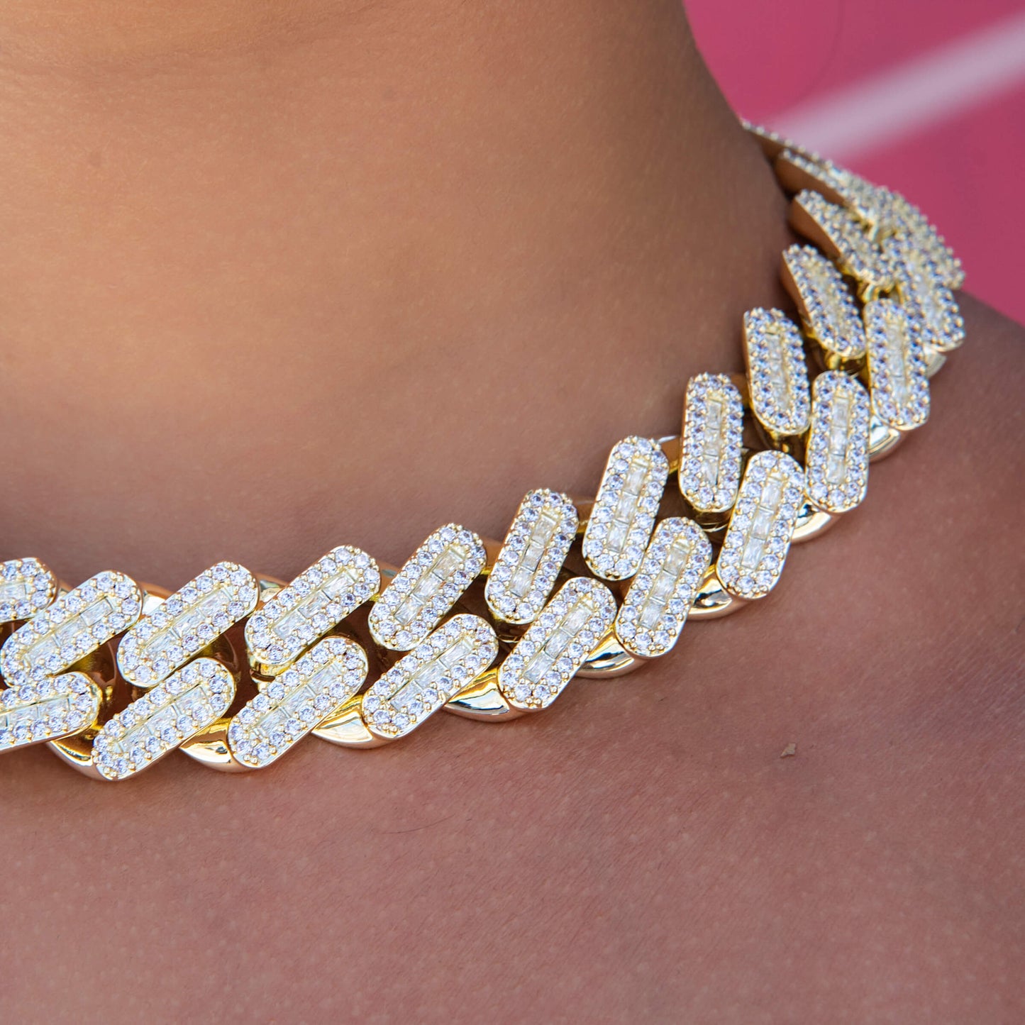 Diamond Baguette Tight Link Cuban Necklace in Yellow Gold - 19mm