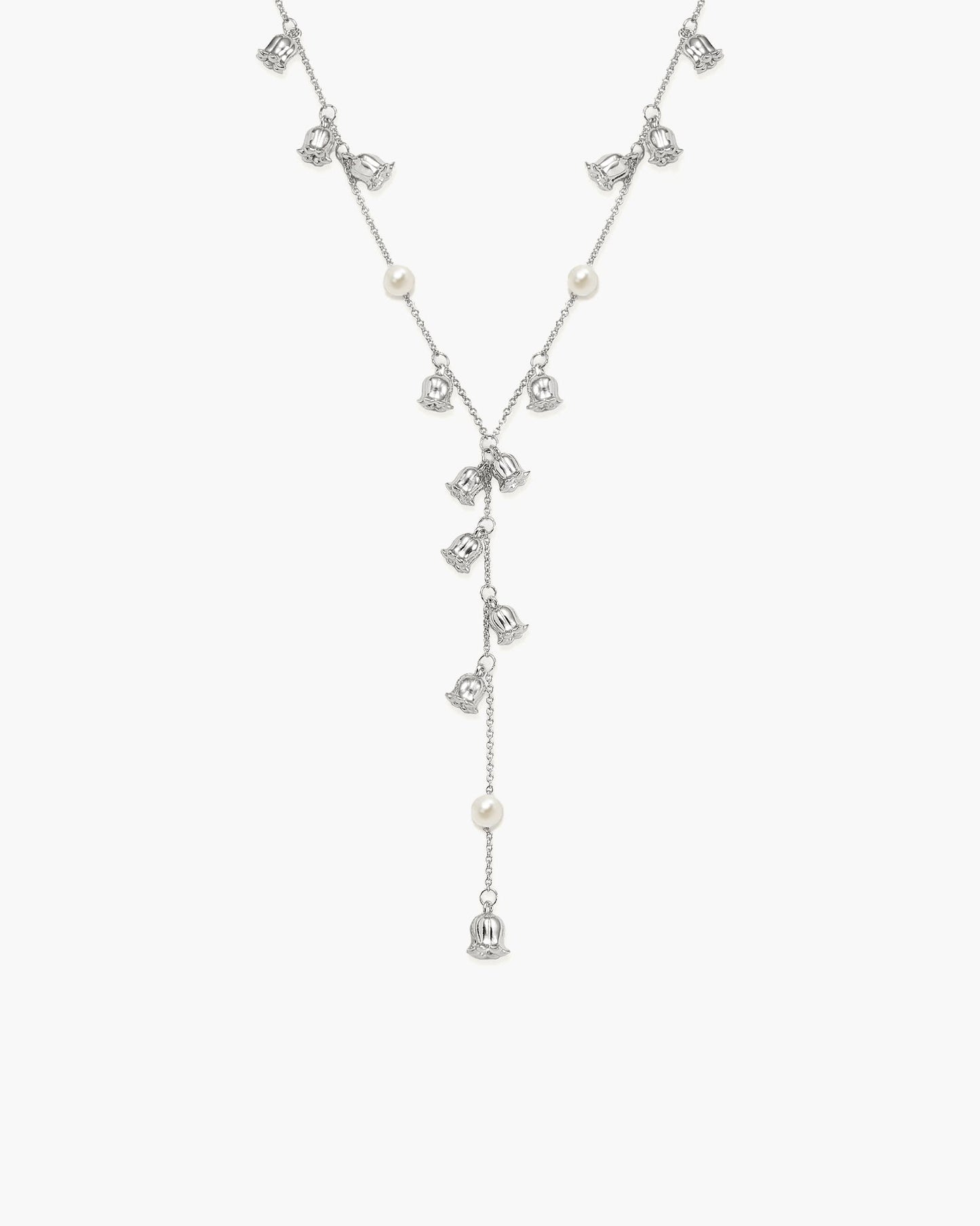 Lily of the Valley Pearl Lariat Necklace in Silver