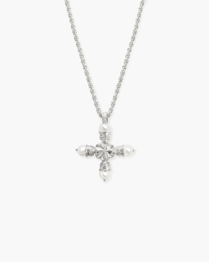 Florence Pearl Cross Necklace in Silver