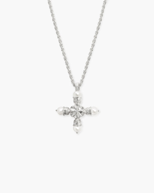 Florence Pearl Cross Necklace in Silver