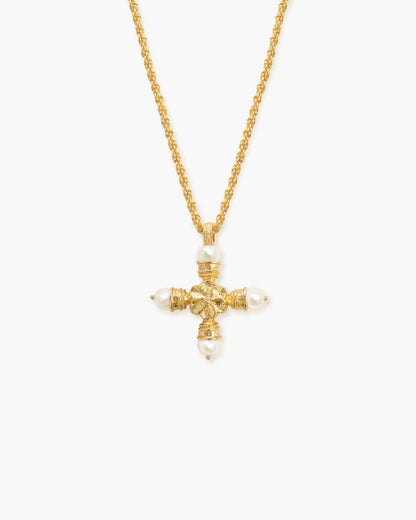 Florence Pearl Cross Necklace in Silver
