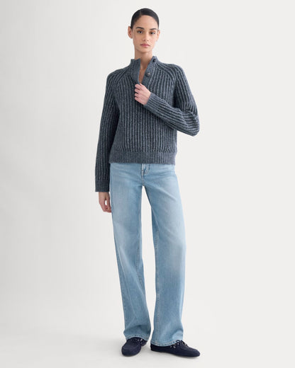 Funnel-Neck Ribbed Henley Sweater | Indigo