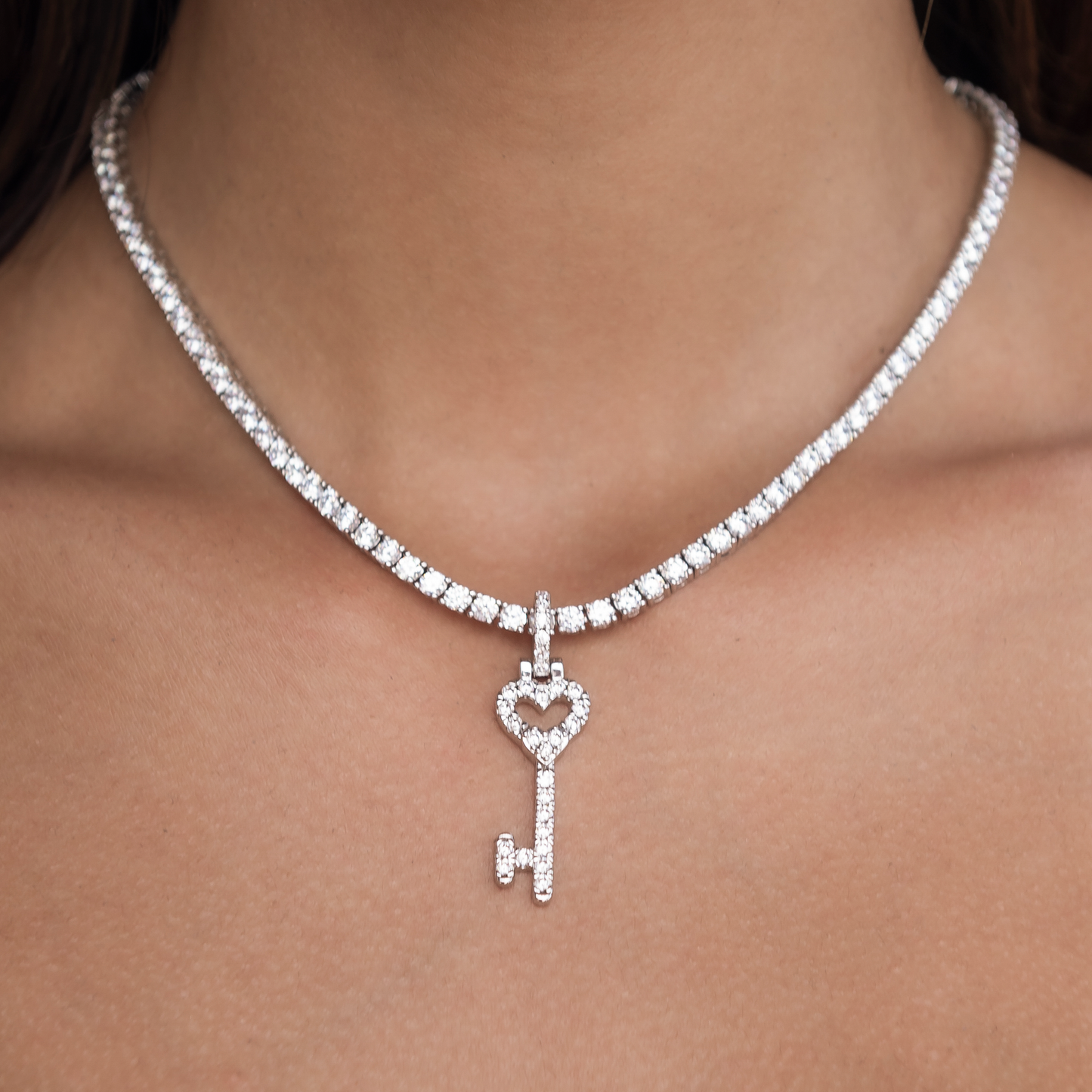 Diamond Heart Key Pendant in White Gold