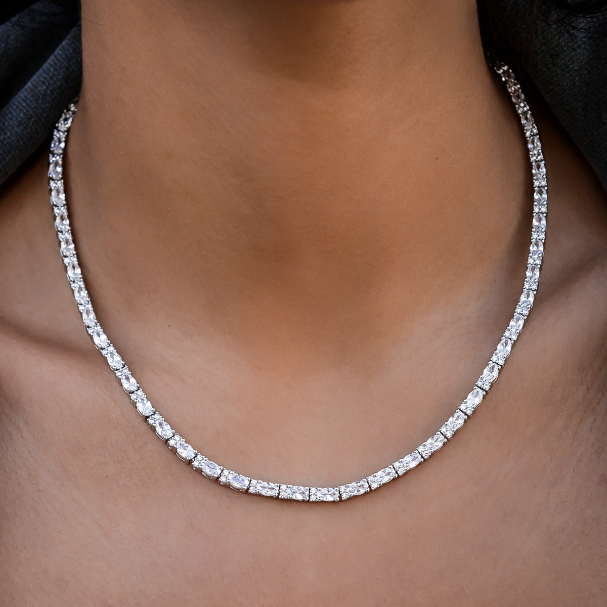 Diamond Mixed Oval Cut Tennis Necklace in White Gold - 3mm