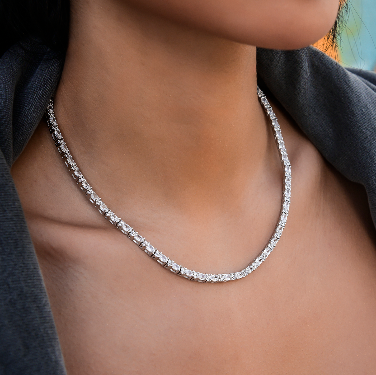 Diamond Mixed Oval Cut Tennis Necklace in White Gold - 3mm