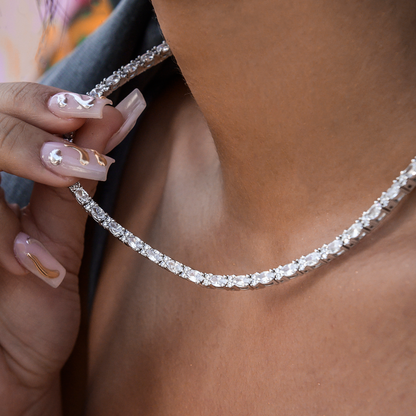 Diamond Mixed Oval Cut Tennis Necklace in White Gold - 3mm