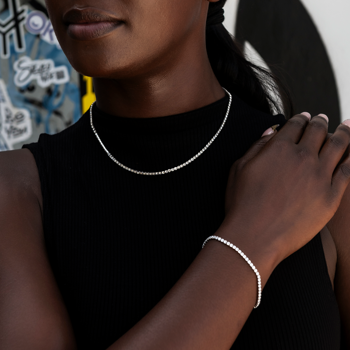 Complete Mini Tennis Essential Set - Adjustable Necklace + Bracelet with GLD Pouch in White Gold - Perfect Gift Set