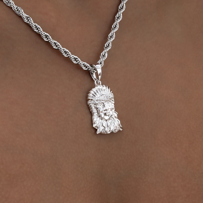 Diamond Crown Portrait of Jesus Pendant in White Gold