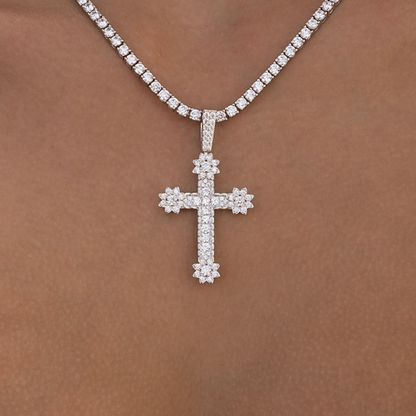 Diamond Flower Cross Pendant in White Gold