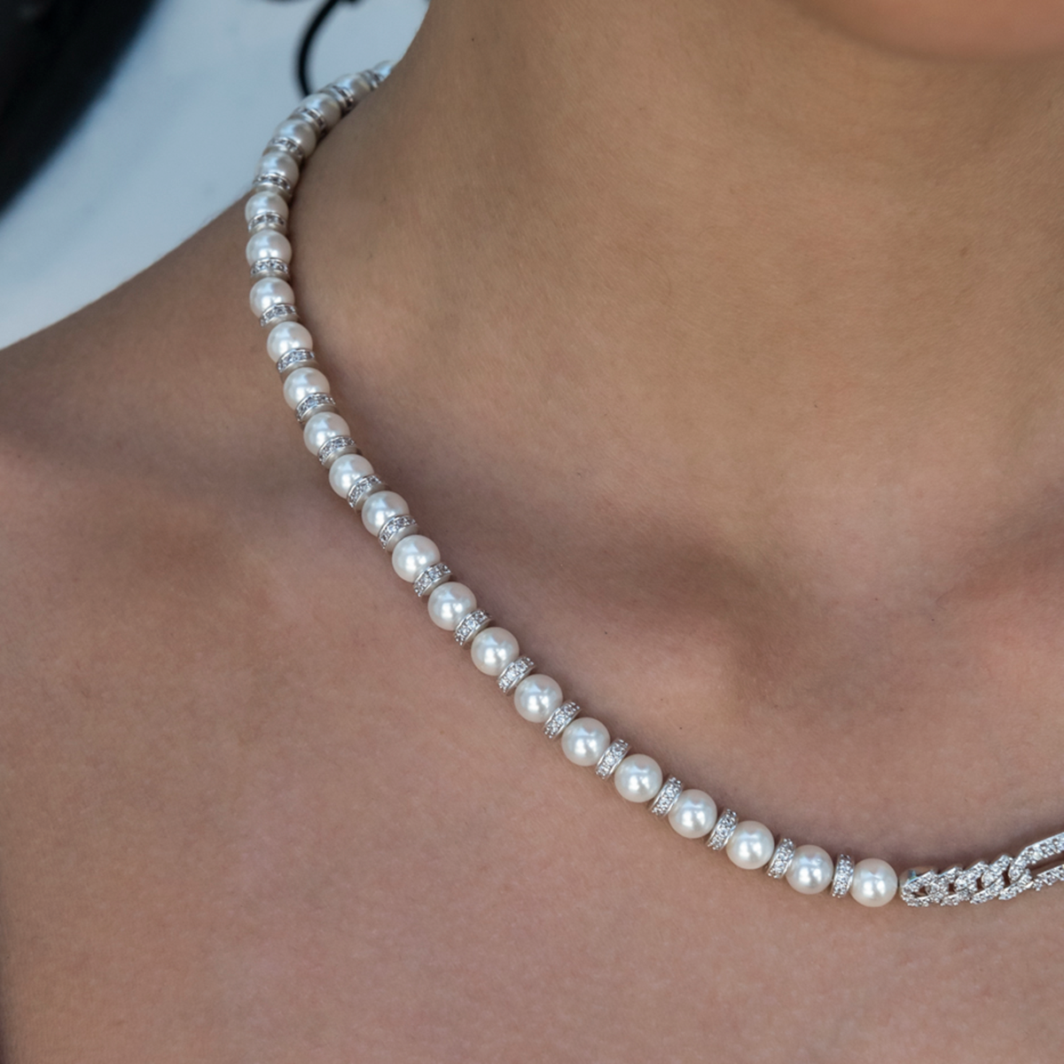 Diamond Figaro Pearl Necklace