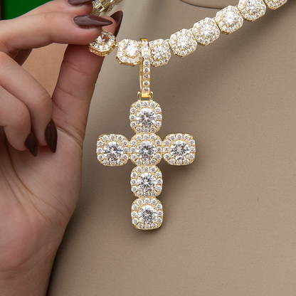 Cushion Cut Stone Cross Pendant in Yellow Gold