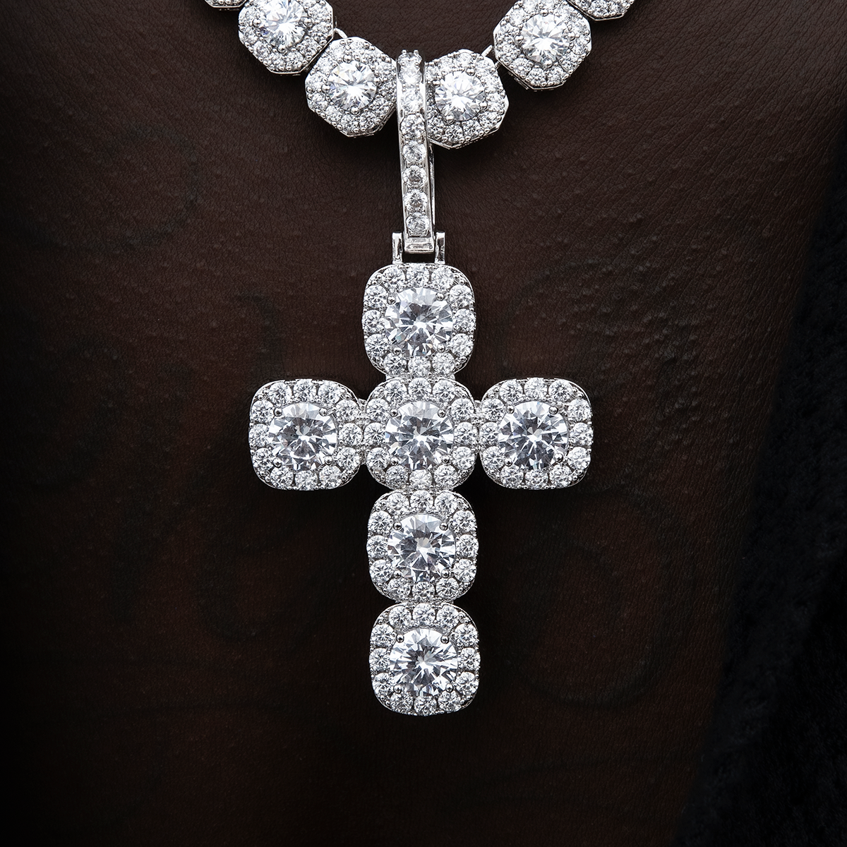 Cushion Cut Stone Cross Pendant in White Gold
