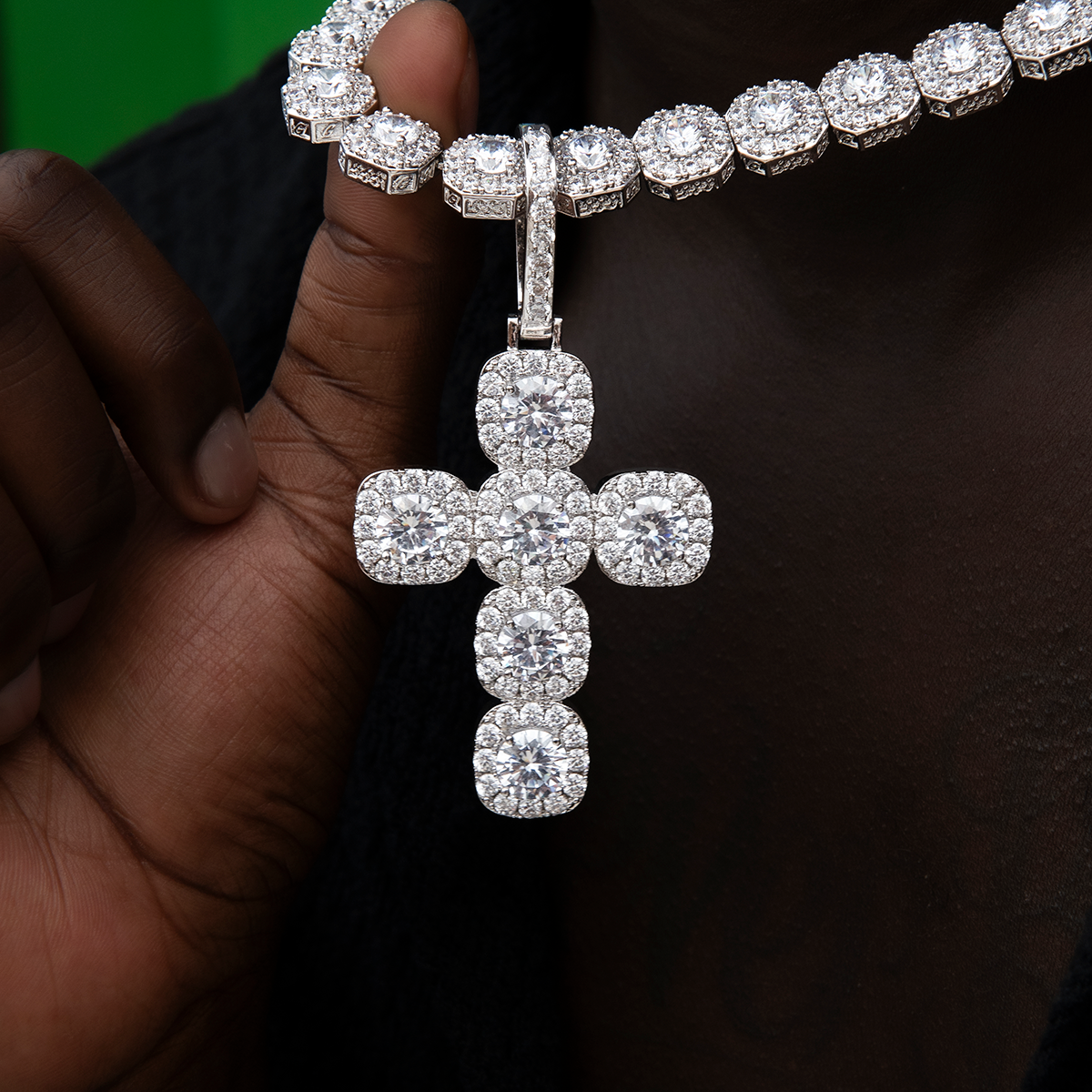 Cushion Cut Stone Cross Pendant in White Gold