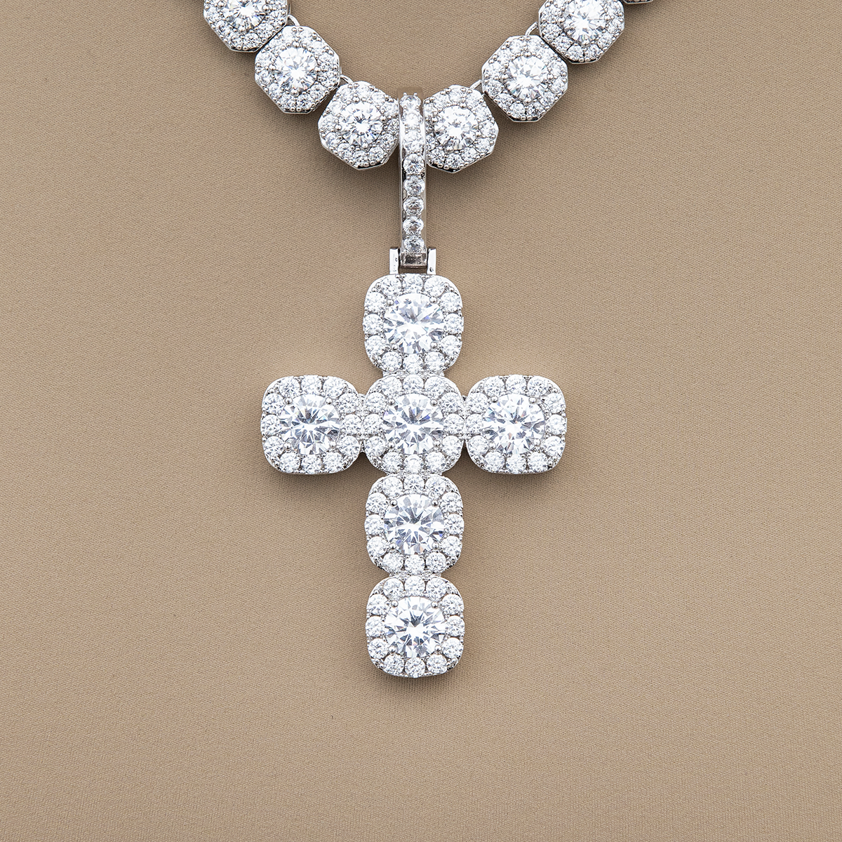 Cushion Cut Stone Cross Pendant in White Gold