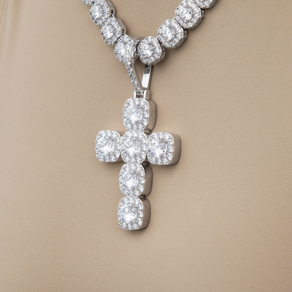 Cushion Cut Stone Cross Pendant in White Gold