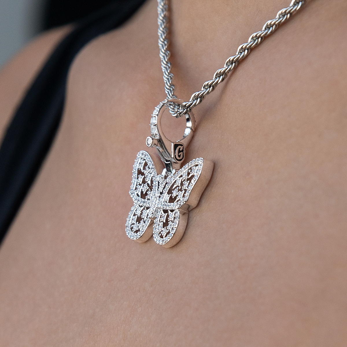 Diamond Butterfly Clip On Charm Pendant in White Gold