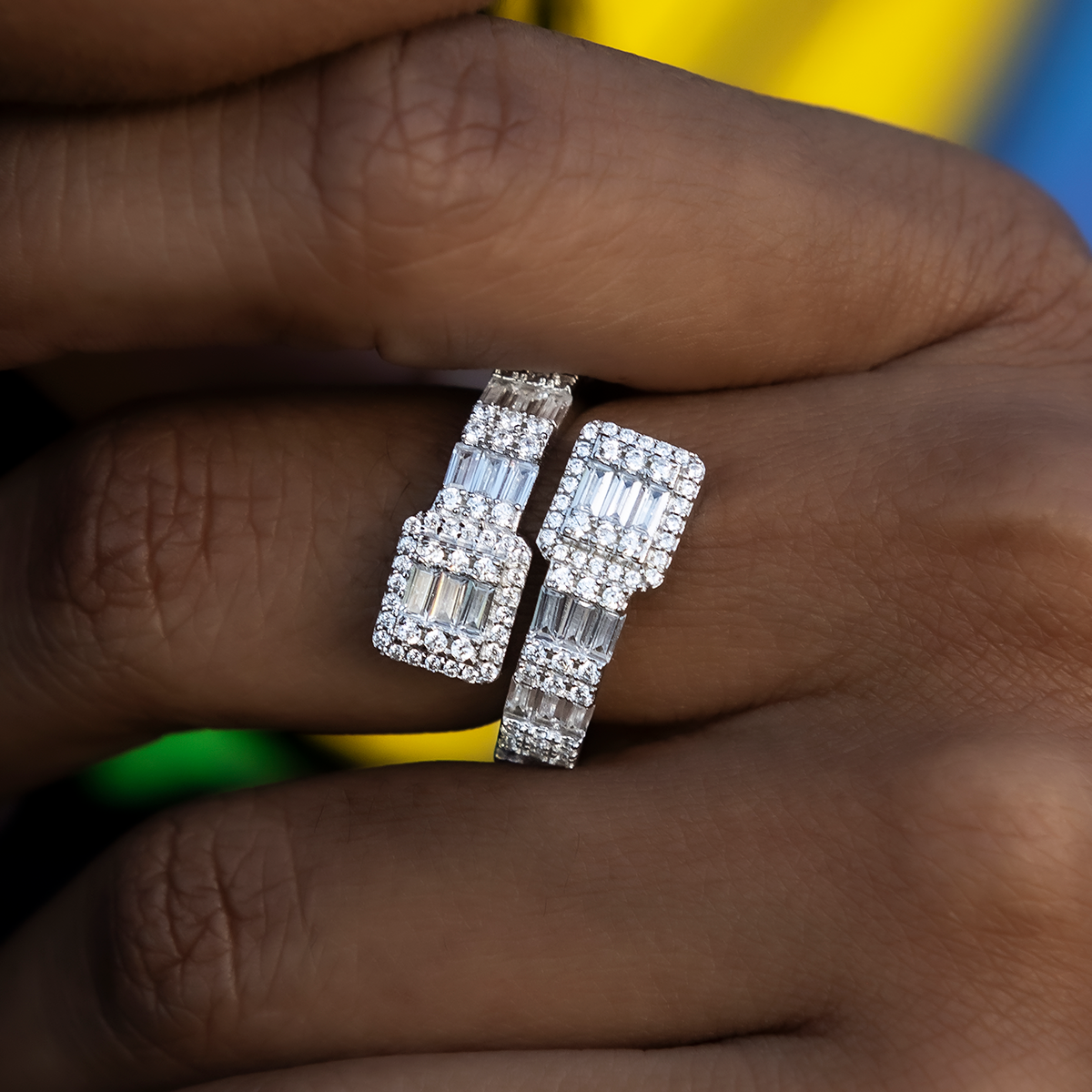 Cushion Cut Wrap Baguette Ring in White Gold Vermeil