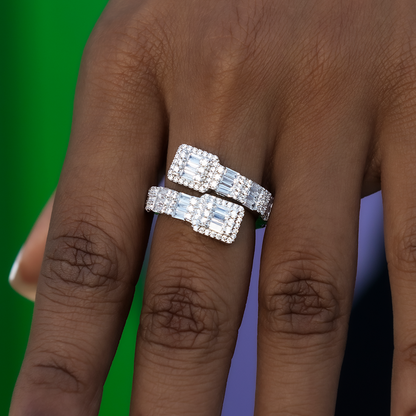 Cushion Cut Wrap Baguette Ring in White Gold Vermeil