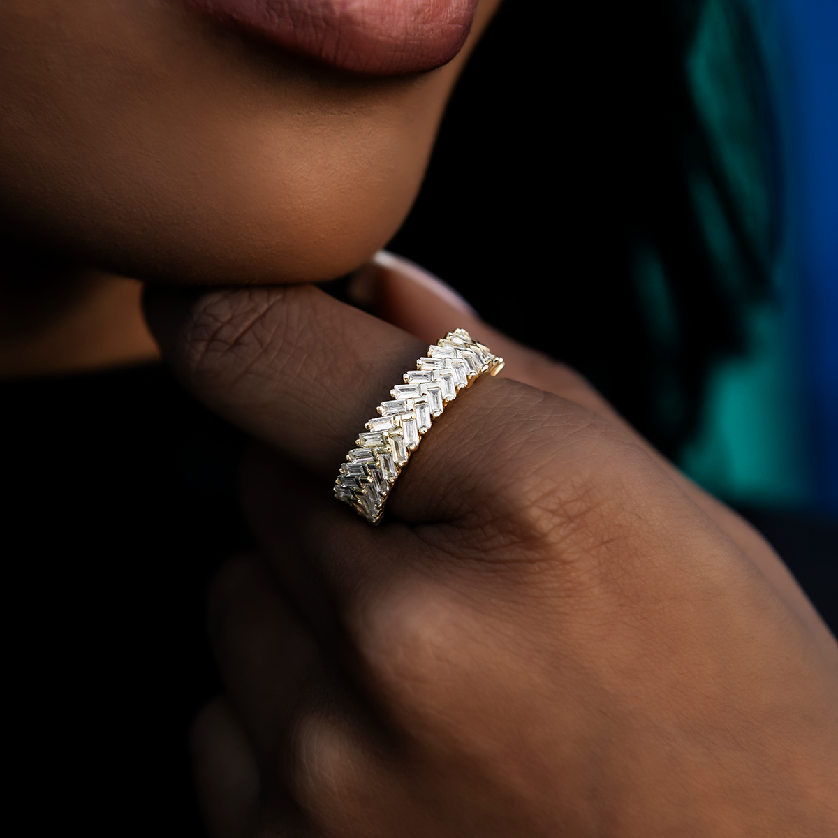 Diamond Baguette Herringbone Ring in Yellow Gold Vermeil