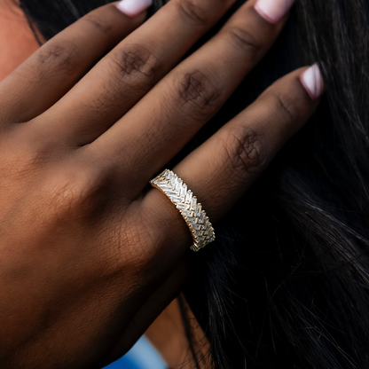 Diamond Baguette Herringbone Ring in Yellow Gold Vermeil