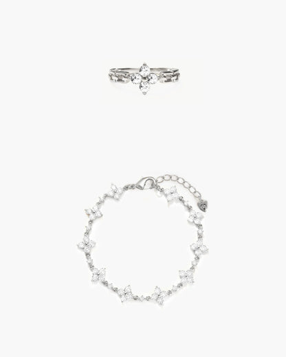 Sparkle Clover Bracelet and Ring Set in Silver