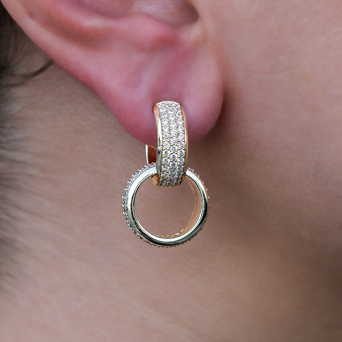 Diamond Double Hoop Drop Earrings in Yellow Gold
