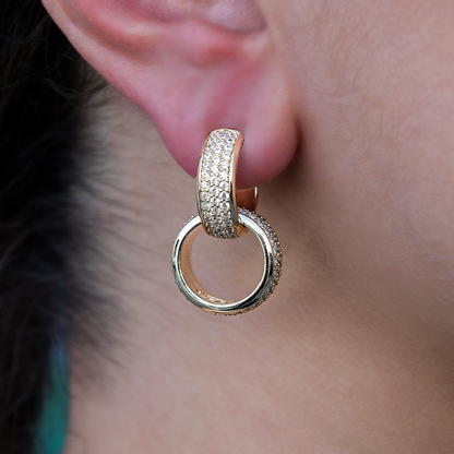 Diamond Double Hoop Drop Earrings in Yellow Gold