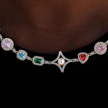 Colored Gemstone Pearl Necklace in Yellow Gold - 17mm