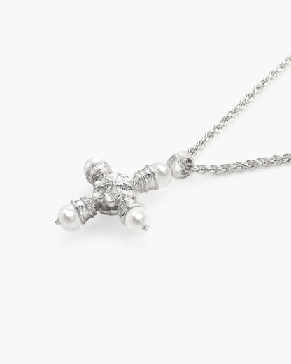 Florence Pearl Cross Necklace in Silver