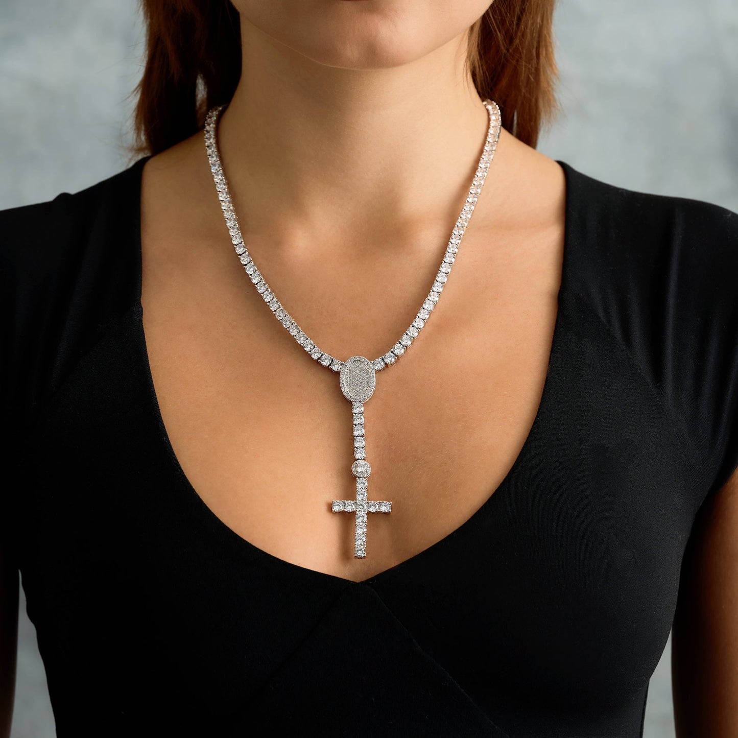 Diamond Eternity Tennis Cross Rosary Lariat Necklace in White Gold - 5mm