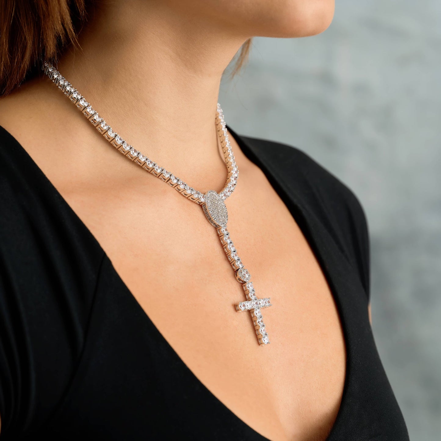 Diamond Eternity Tennis Cross Rosary Lariat Necklace in White Gold - 5mm