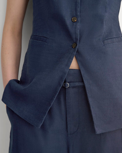 Long Vest in Stretch Linen | Navy