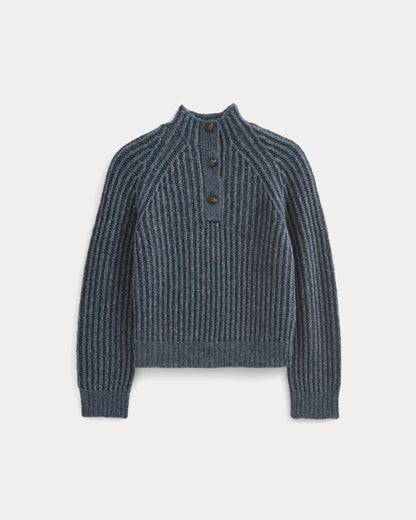 Funnel-Neck Ribbed Henley Sweater | Indigo