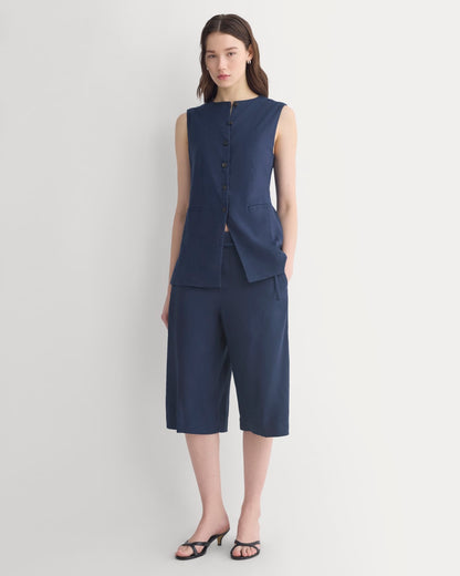 Long Vest in Stretch Linen | Navy