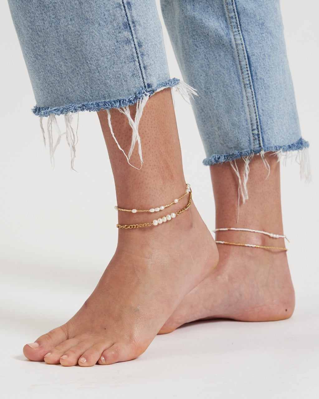 Poppy Pearl & Glass Beaded Anklet - White