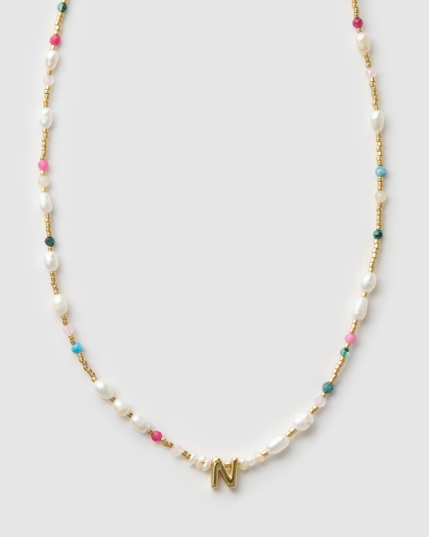 Beaded Gemstone and Pearl Initial Necklace