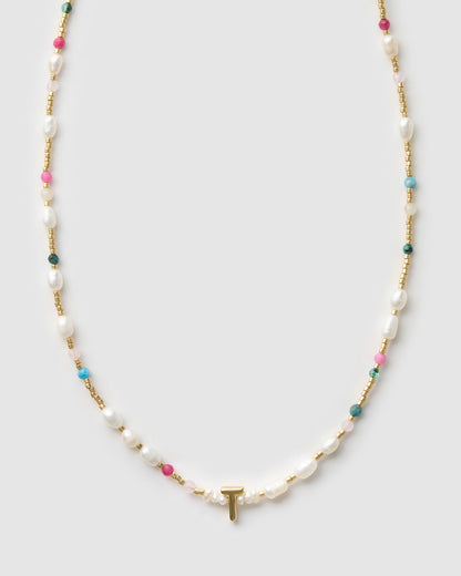 Beaded Gemstone and Pearl Initial Necklace