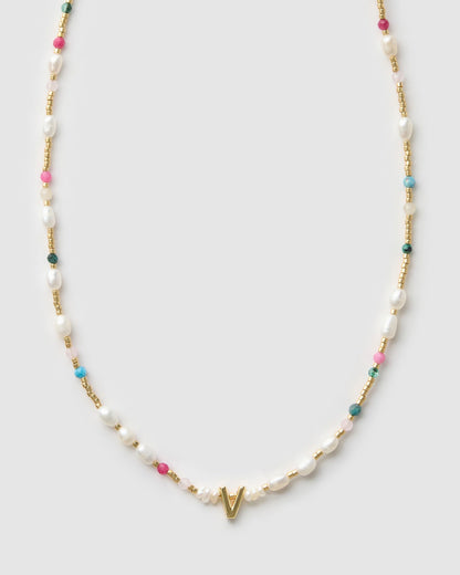 Beaded Gemstone and Pearl Initial Necklace