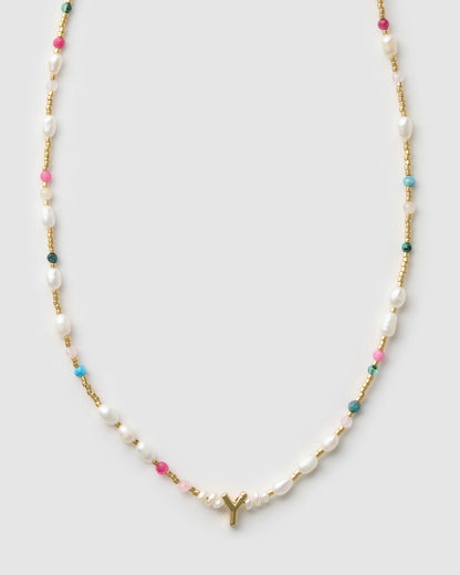 Beaded Gemstone and Pearl Initial Necklace