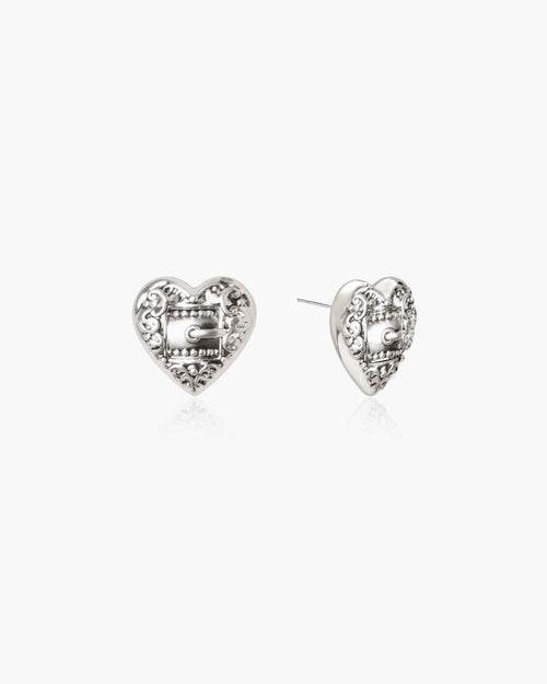 Belted Heart Stud Earrings in Silver