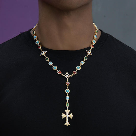 Colored Gemstone Pearl Rosary Chain Necklace in Yellow Gold