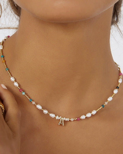 Beaded Gemstone and Pearl Initial Necklace